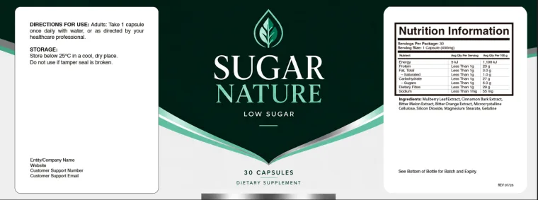 Official Sugar Nature Low Sugar label - directions for use, storage and the full Nutrition Information panel with the ingredients list